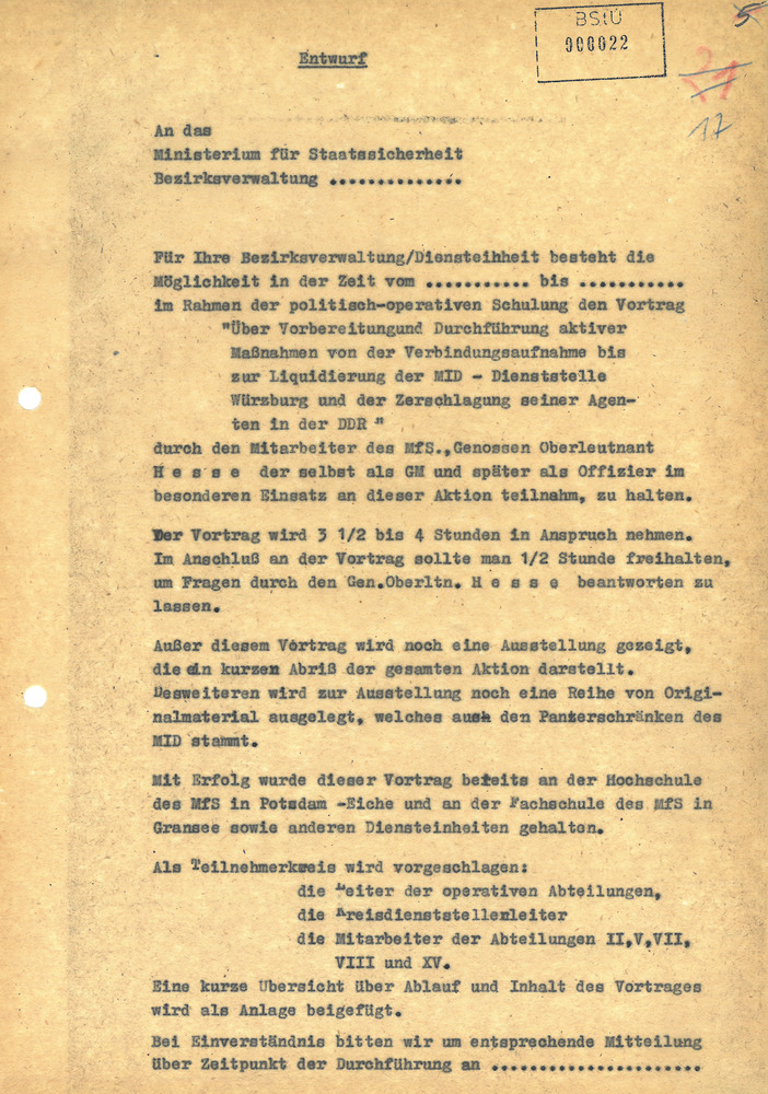 Entwurf eines Schreibens zu einer Vortragsveranstaltung mit Horst Hesse