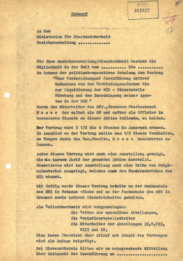 Entwurf eines Schreibens zu einer Vortragsveranstaltung mit Horst Hesse