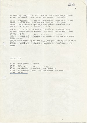 Erste "Information" der Stasi über das Friedenskonzert der FDJ mit Bob Dylan in Ost-Berlin