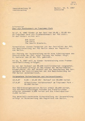 "Information" der Hauptabteilung XX über das Konzert von Bob Dylan in Ost-Berlin