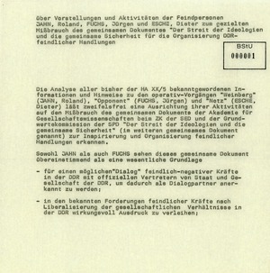 Hinweise zum geplanten "Mißbrauch" des SED –SPD-Grundlagenpapiers durch DDR-Oppositionelle