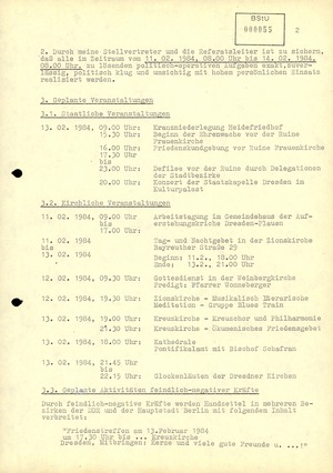 „Maßnahmeplan“ für die Kontrolle des Dresdner Friedensforums am 13. Februar 1984