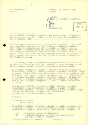 „Maßnahmeplan“ für die Kontrolle des Dresdner Friedensforums am 13. Februar 1984