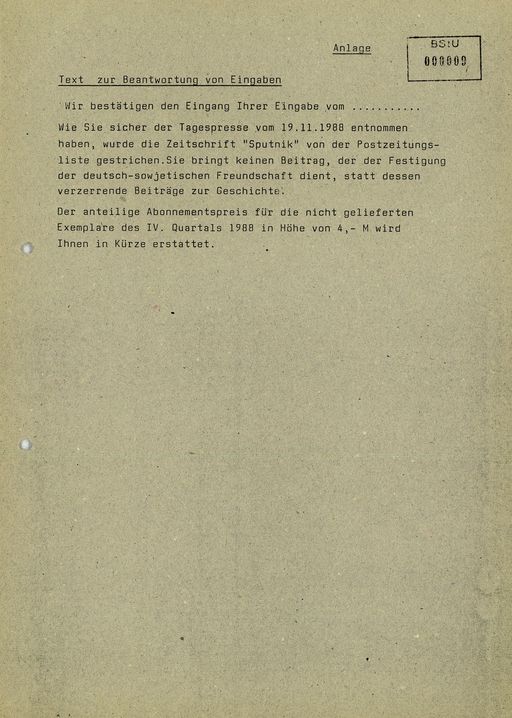 Maßnahmen des Postzeitungsvertriebs zur Zeitschrift "Sputnik"