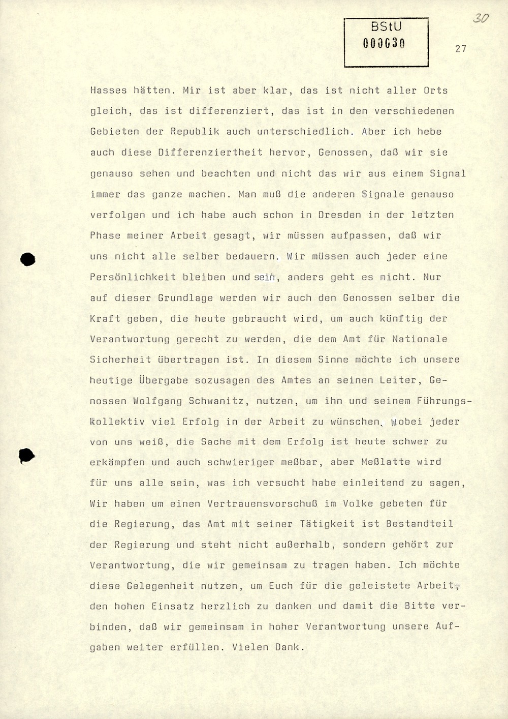 Dienstbesprechung zur Einführung von Wolfgang Schwanitz als Leiter des Amtes für Nationale Sicherheit