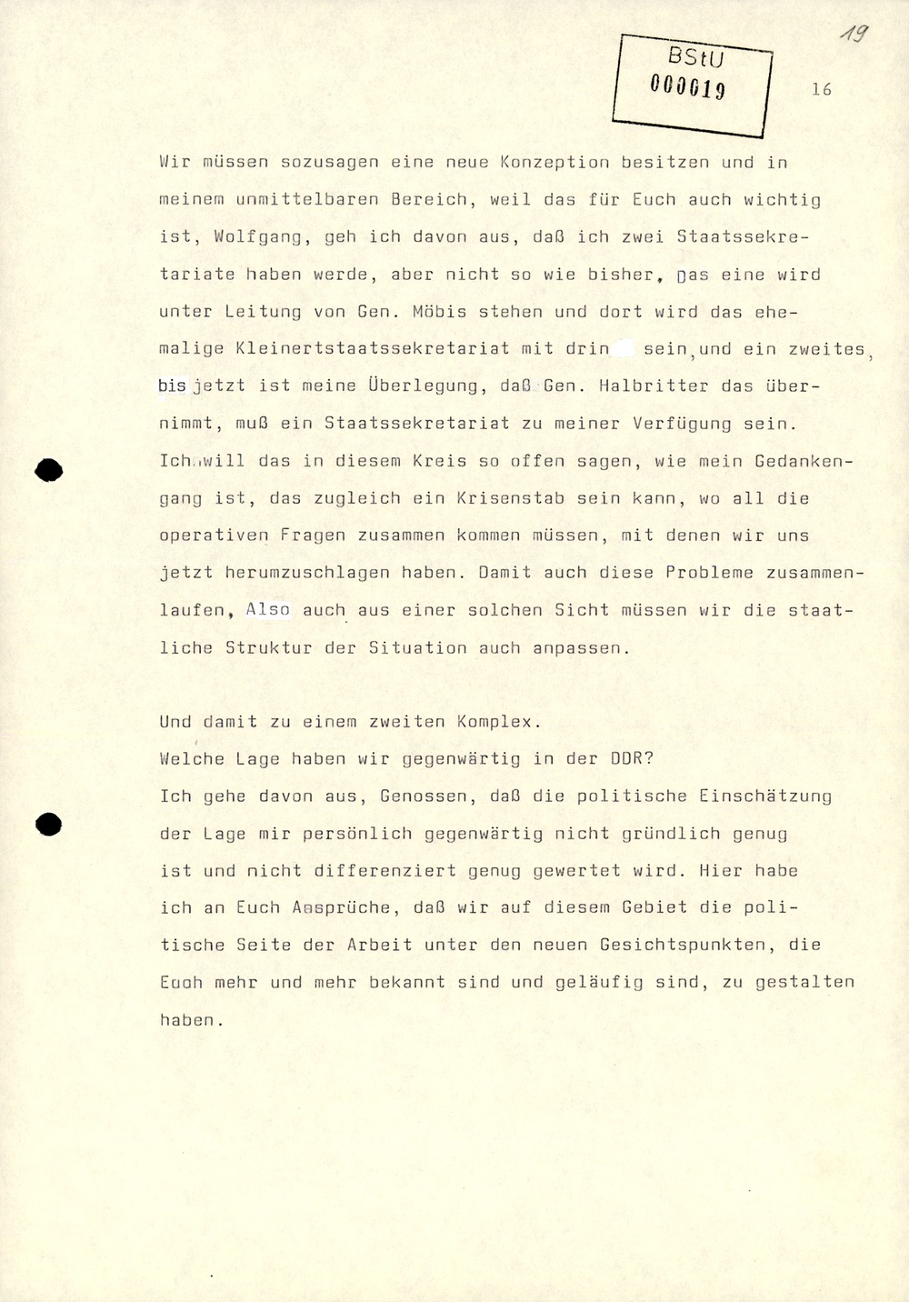 Dienstbesprechung zur Einführung von Wolfgang Schwanitz als Leiter des Amtes für Nationale Sicherheit