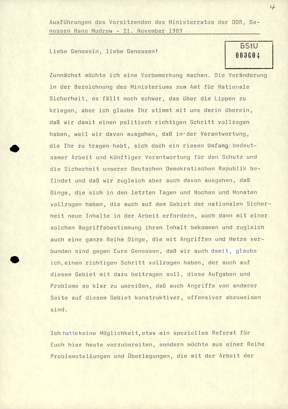 Dienstbesprechung zur Einführung von Wolfgang Schwanitz als Leiter des Amtes für Nationale Sicherheit