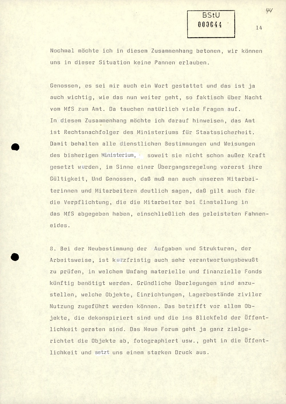 Dienstbesprechung zur Einführung von Wolfgang Schwanitz als Leiter des Amtes für Nationale Sicherheit