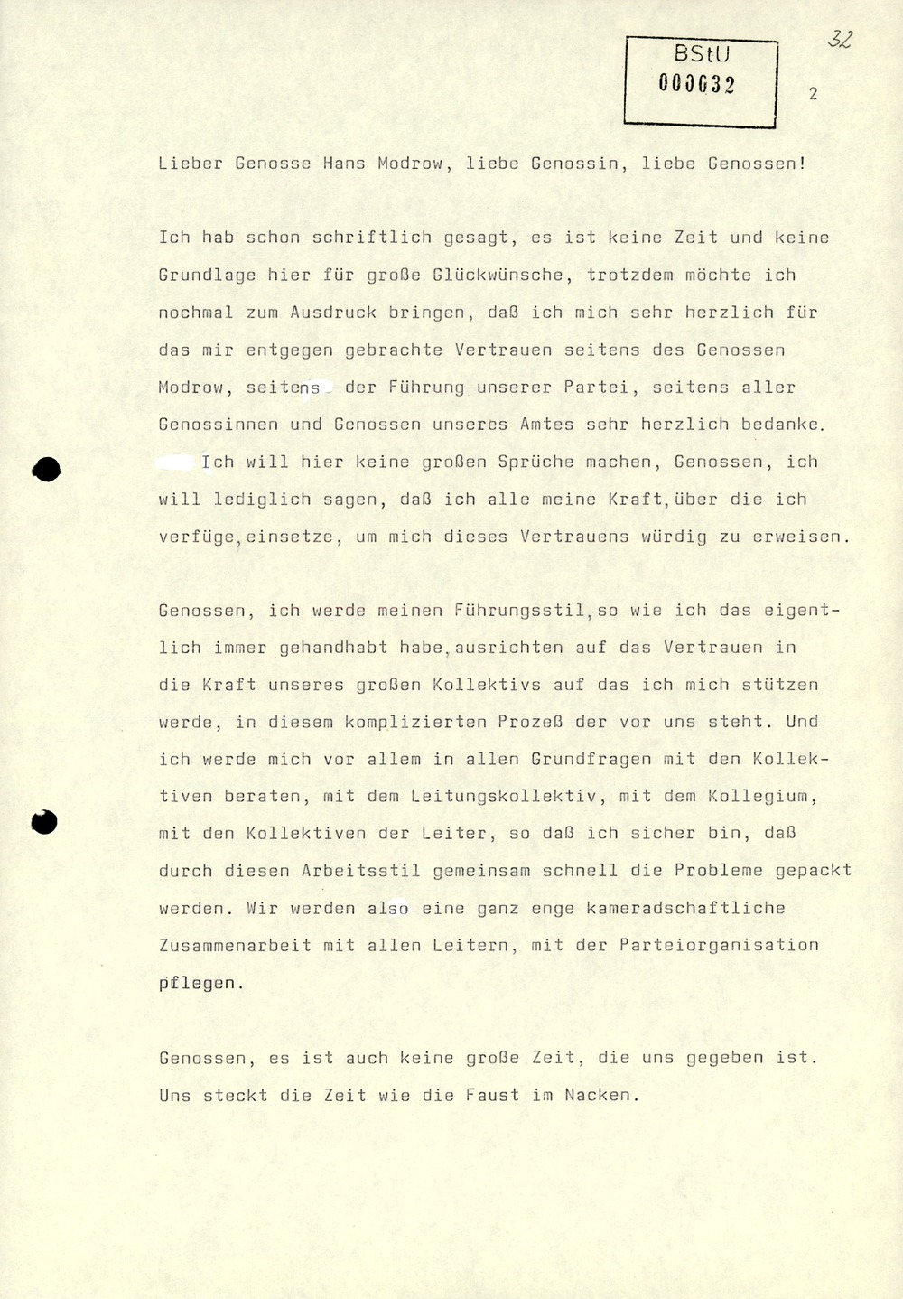 Dienstbesprechung zur Einführung von Wolfgang Schwanitz als Leiter des Amtes für Nationale Sicherheit