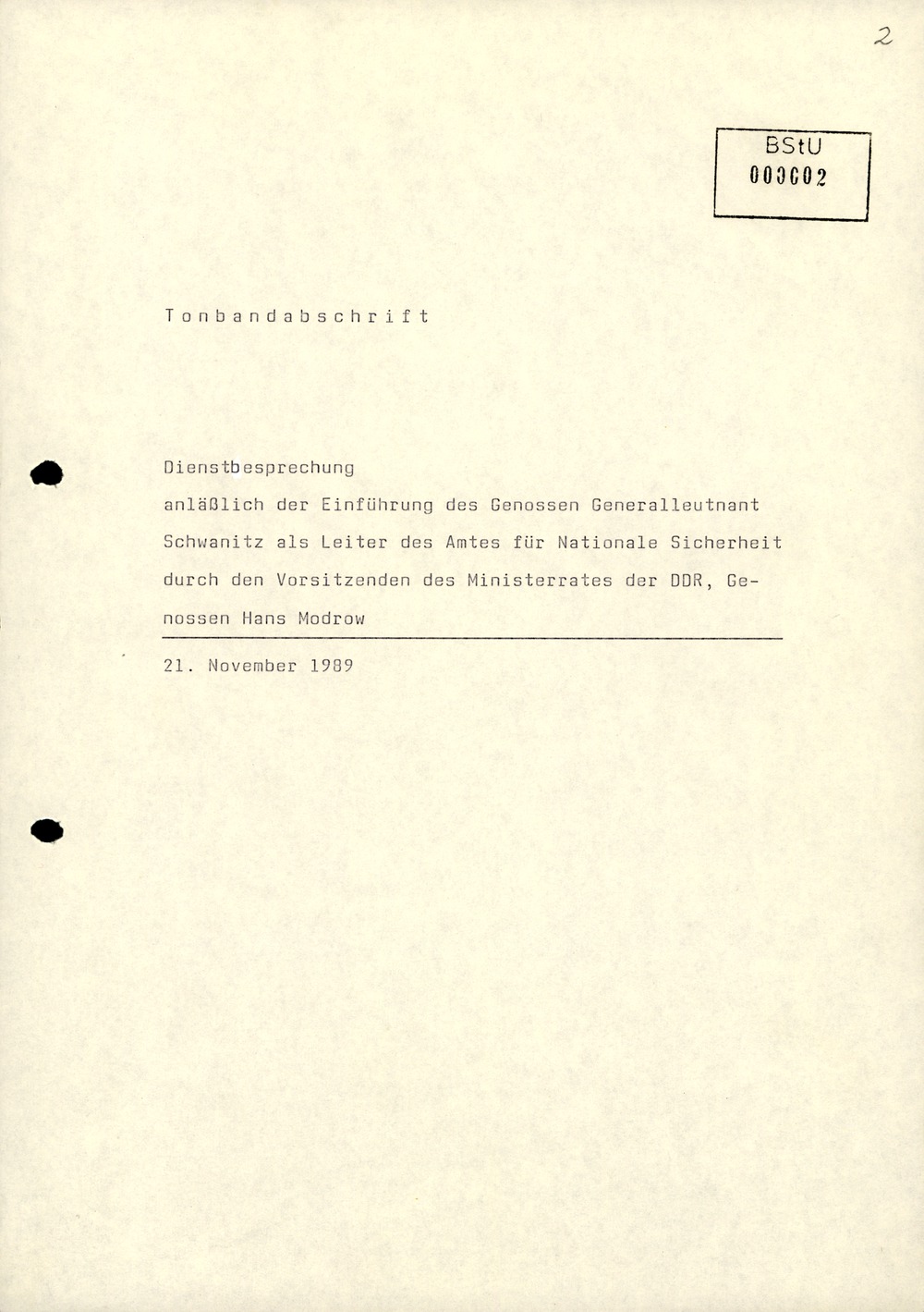 Dienstbesprechung zur Einführung von Wolfgang Schwanitz als Leiter des Amtes für Nationale Sicherheit Dienstbesprechung zur Einführung von Wolfgang Schwanitz als Leiter des Amtes für Nationale Sicherheit