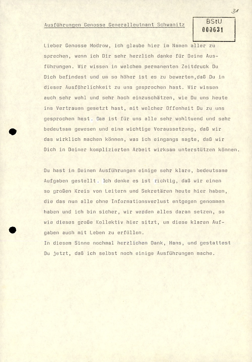 Dienstbesprechung zur Einführung von Wolfgang Schwanitz als Leiter des Amtes für Nationale Sicherheit
