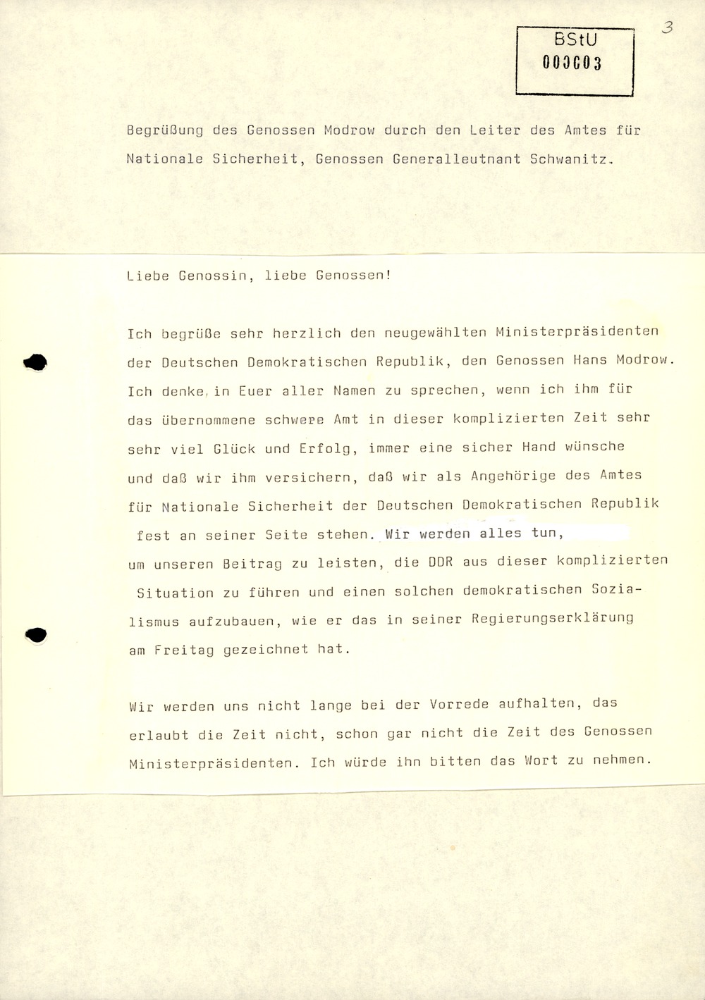 Dienstbesprechung zur Einführung von Wolfgang Schwanitz als Leiter des Amtes für Nationale Sicherheit