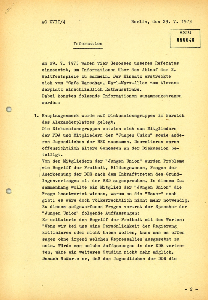 Information über den Ablauf der X. Weltfestspiele in Ost-Berlin