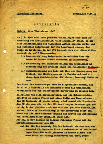 Aktion „Nazikamarilla“ – Aktennotiz der Abteilung Agitation vom 09. November 1960