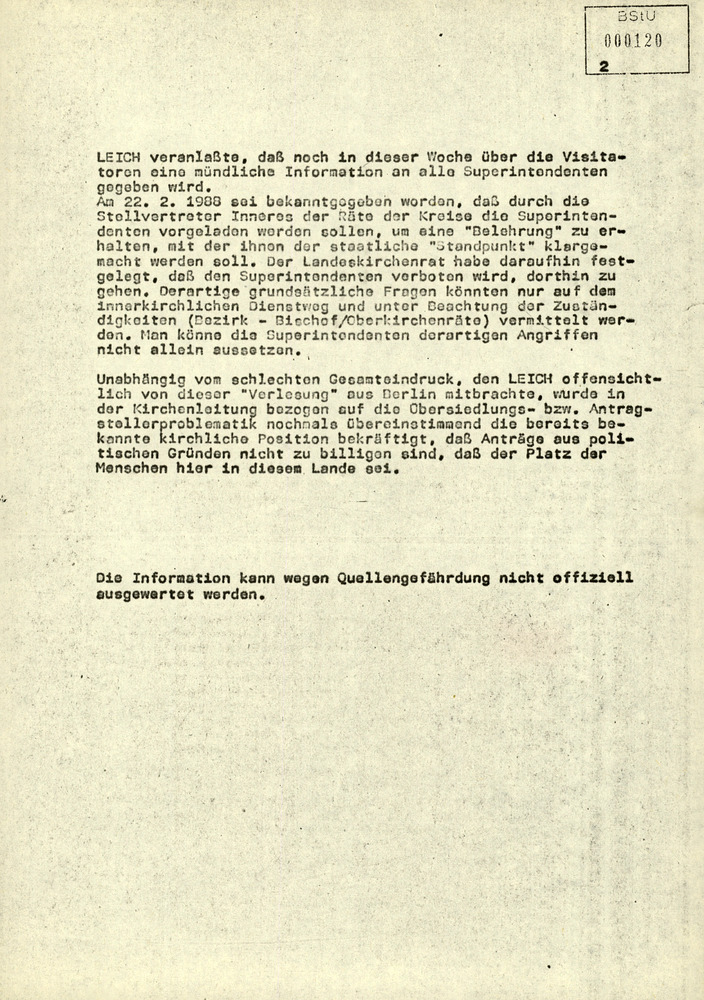 Vermerk über die Reaktion Bischof Leichs auf ein Gespräch mit Politbüromitglied Jarowinsky
