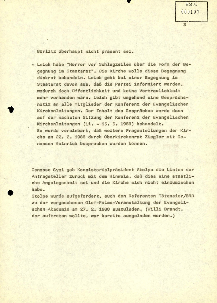 Vermerk über ein Gespräch zwischen Landesbischof Werner Leich und Politbüromitglied Werner Jarowinsky bzw. Klaus Gysi