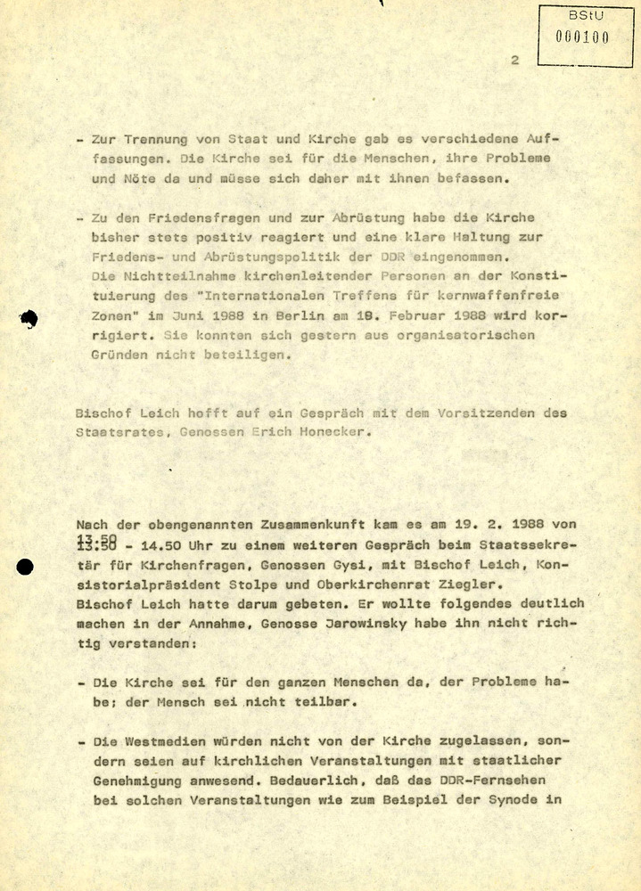 Vermerk über ein Gespräch zwischen Landesbischof Werner Leich und Politbüromitglied Werner Jarowinsky bzw. Klaus Gysi