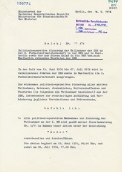 Befehl Nr. 11/74 zur "Absicherung" der Fußball­­­­­-Welt­meisterschaft 1974