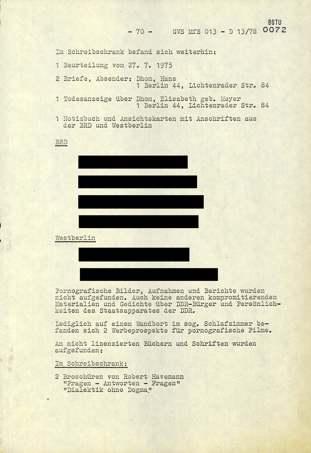 Arbeitsmaterial für die Vorbereitung, Durchführung und Auswertung von konspirativen Durchsuchungen