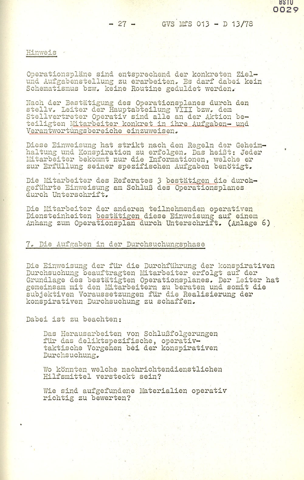 Arbeitsmaterial für die Vorbereitung, Durchführung und Auswertung von konspirativen Durchsuchungen