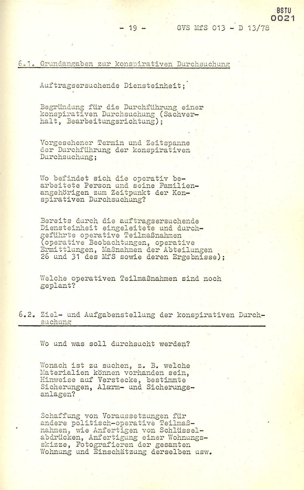 Arbeitsmaterial für die Vorbereitung, Durchführung und Auswertung von konspirativen Durchsuchungen