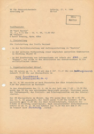Treffbericht mit IM "Karl Walter" vom 21. April 1988