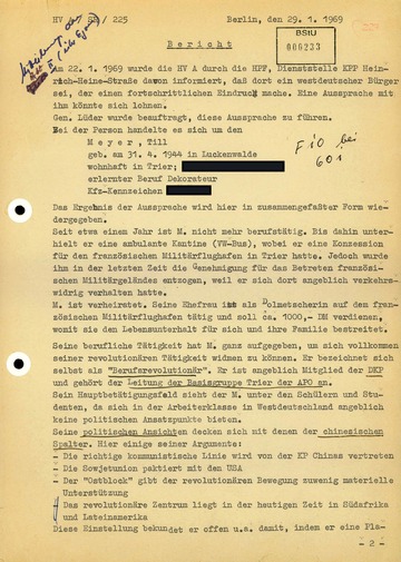 Bericht über die Einreise Till Meyers in die DDR