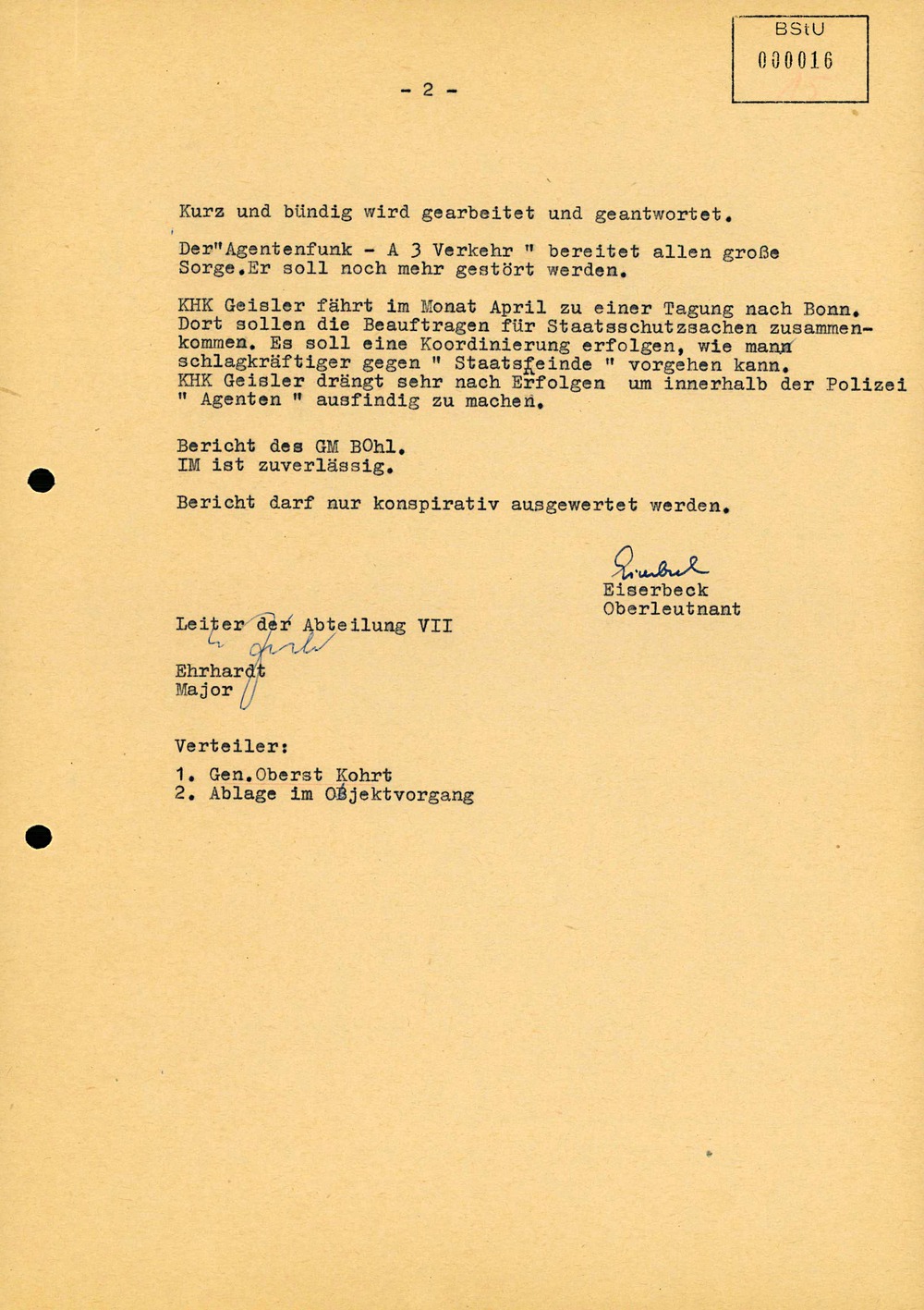 Ergänzung zu einem "Informationsbericht" von GM "Otto Bohl" über die Struktur der Abteilung I der West-Berliner Kriminalpolizei
