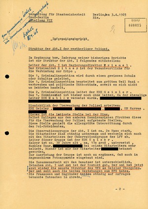 Ergänzung zu einem "Informationsbericht" von GM "Otto Bohl" über die Struktur der Abteilung I der West-Berliner Kriminalpolizei