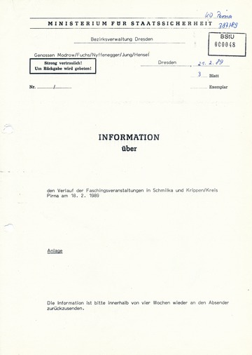 Information über den Verlauf der Faschingsveranstaltungen in Schmilka und Krippen am 18. Februar 1989