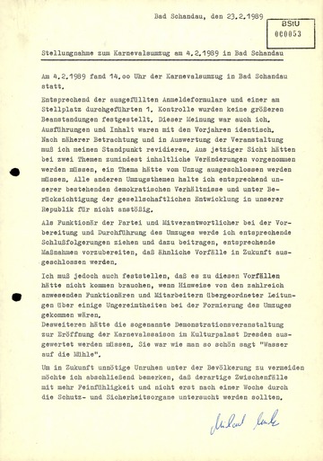 Stellungnahme zum Karnevalsumzug am 4. Februar 1989 in Bad Schandau