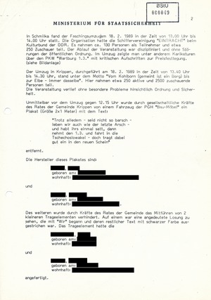 Information über den Verlauf der Faschingsveranstaltungen in Schmilka und Krippen am 18. Februar 1989