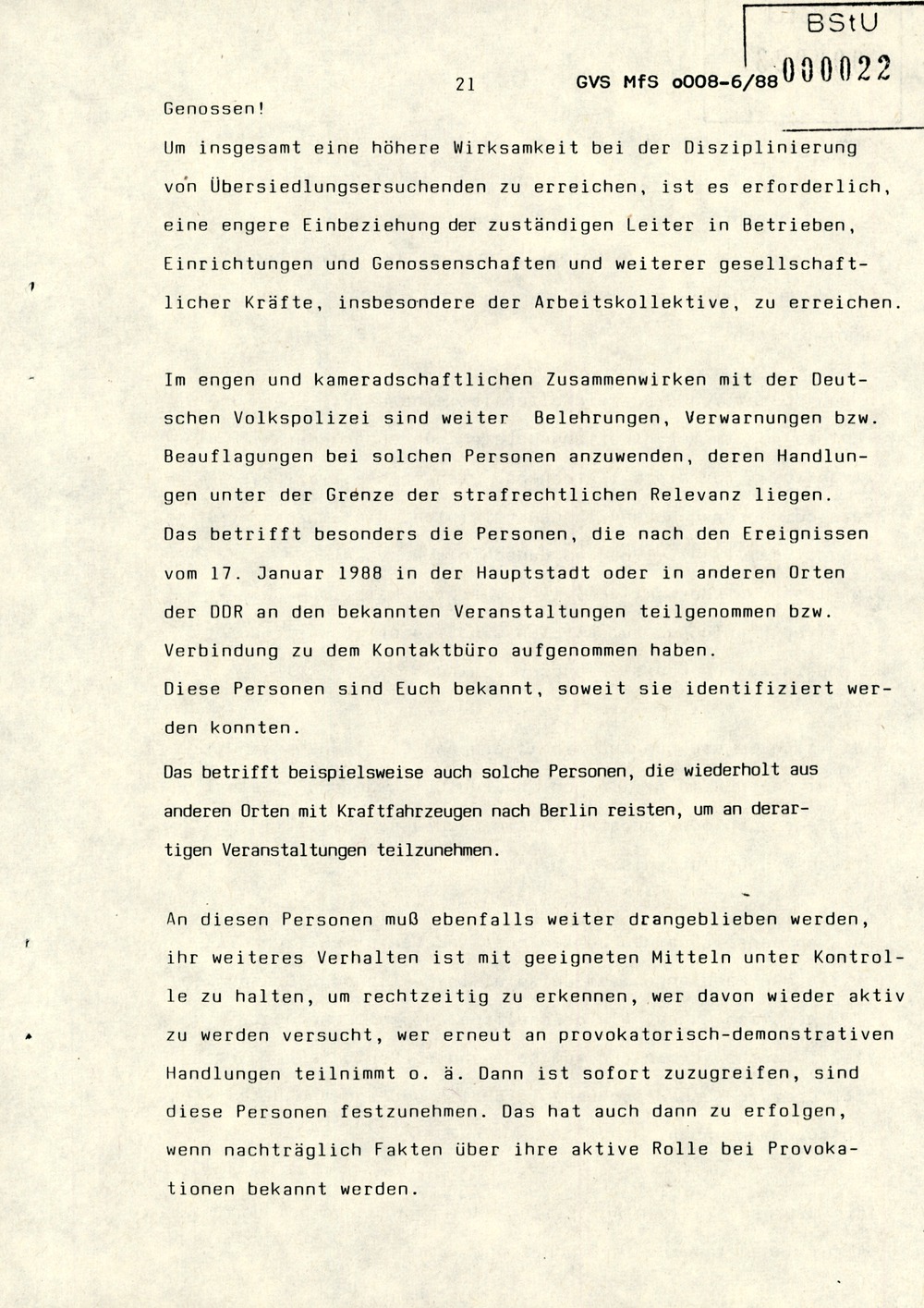 Referat Erich Mielkes zur "Übersiedlung" auf einer Dienstbesprechung