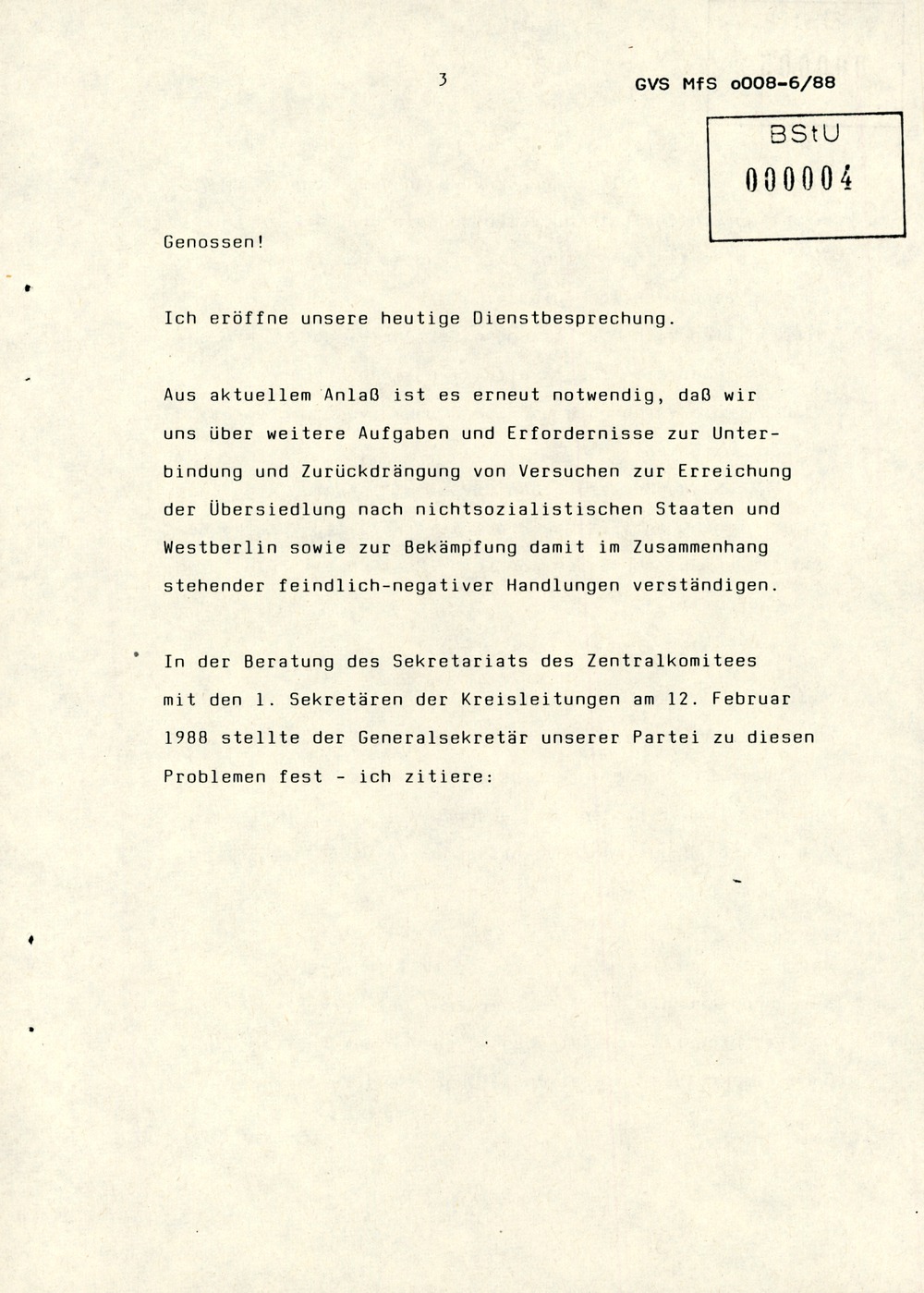 Referat Erich Mielkes zur "Übersiedlung" auf einer Dienstbesprechung