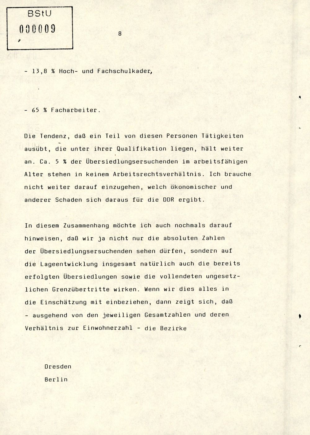 Referat Erich Mielkes zur "Übersiedlung" auf einer Dienstbesprechung