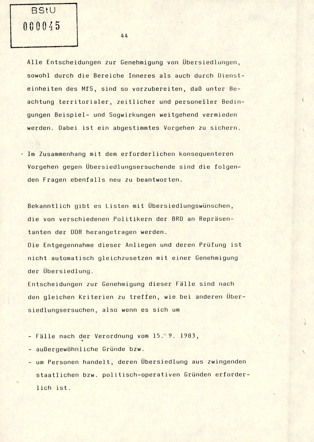 Referat Erich Mielkes zur "Übersiedlung" auf einer Dienstbesprechung