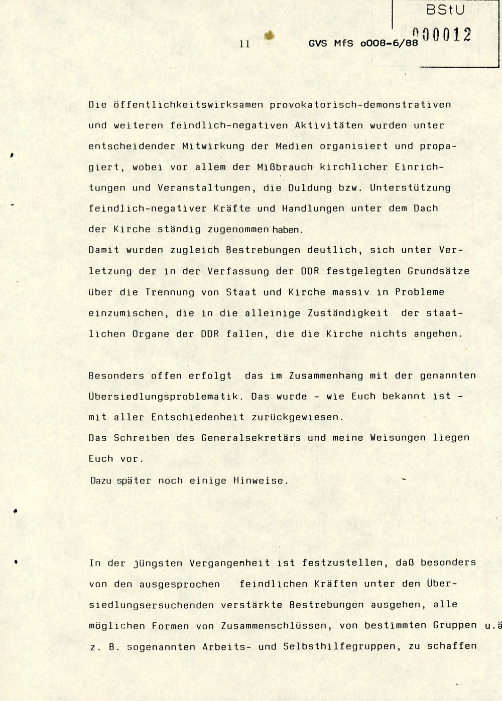 Referat Erich Mielkes zur "Übersiedlung" auf einer Dienstbesprechung