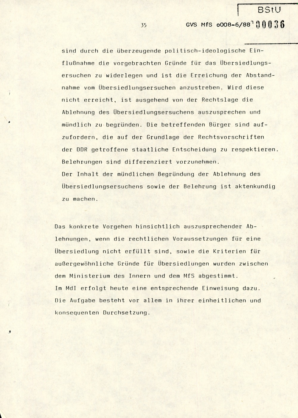 Referat Erich Mielkes zur "Übersiedlung" auf einer Dienstbesprechung