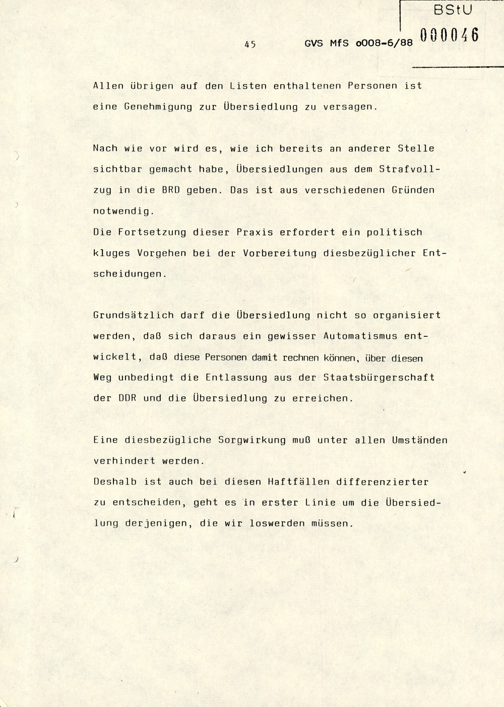 Referat Erich Mielkes zur "Übersiedlung" auf einer Dienstbesprechung