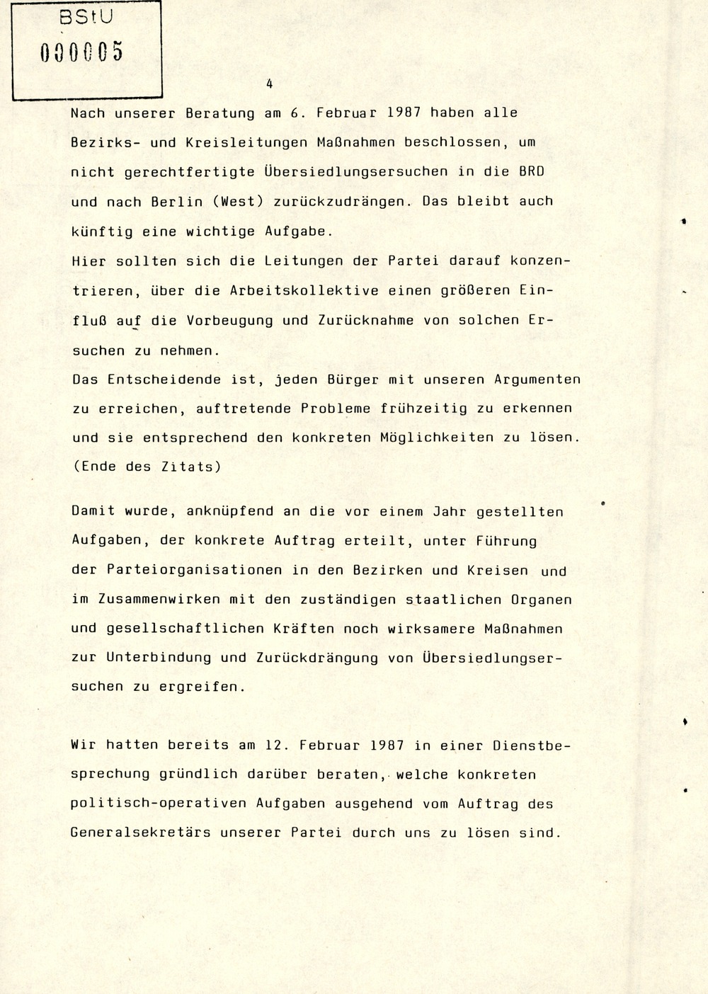 Referat Erich Mielkes zur "Übersiedlung" auf einer Dienstbesprechung