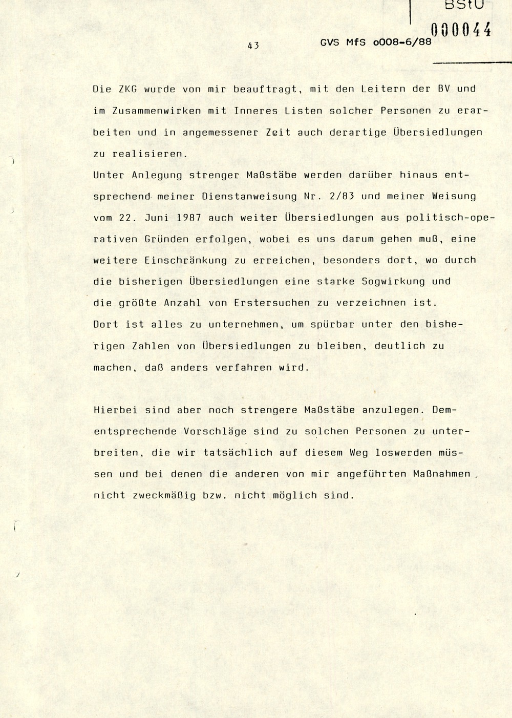 Referat Erich Mielkes zur "Übersiedlung" auf einer Dienstbesprechung