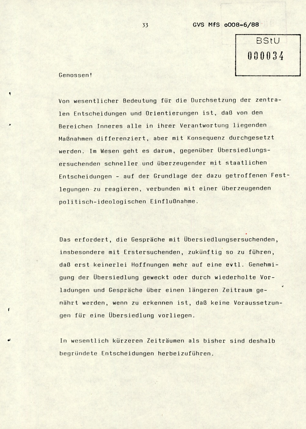 Referat Erich Mielkes zur "Übersiedlung" auf einer Dienstbesprechung