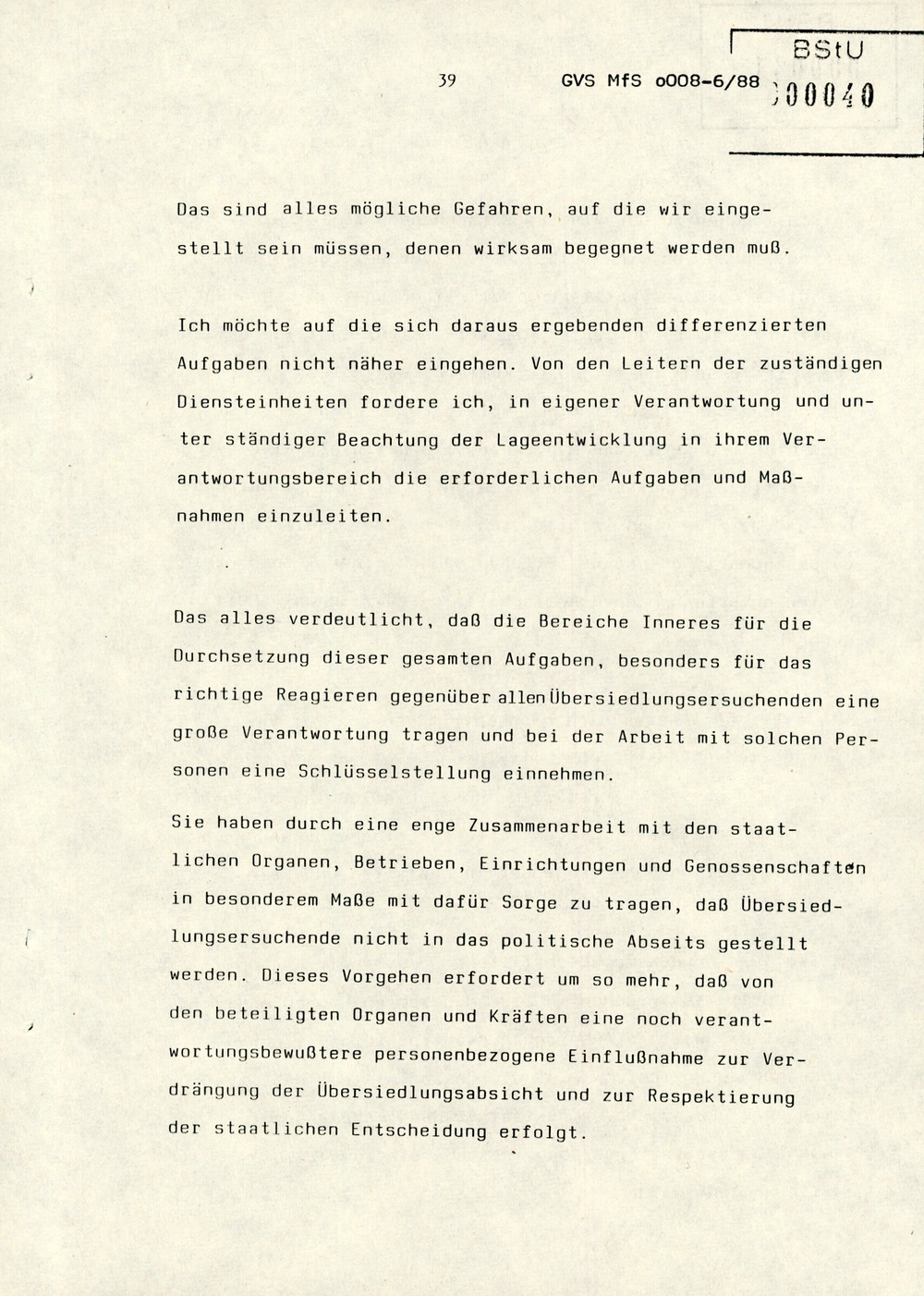 Referat Erich Mielkes zur "Übersiedlung" auf einer Dienstbesprechung