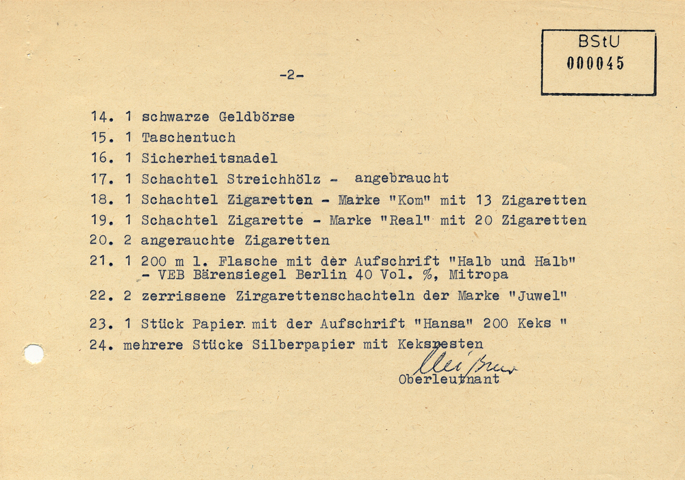 Auflistung der Habseligkeiten von Leo Lis