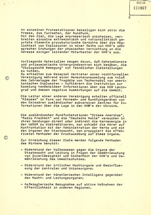 Information des KGB über Aktivitäten der Umweltbewegung in der Umgebung von Kernkraftwerken