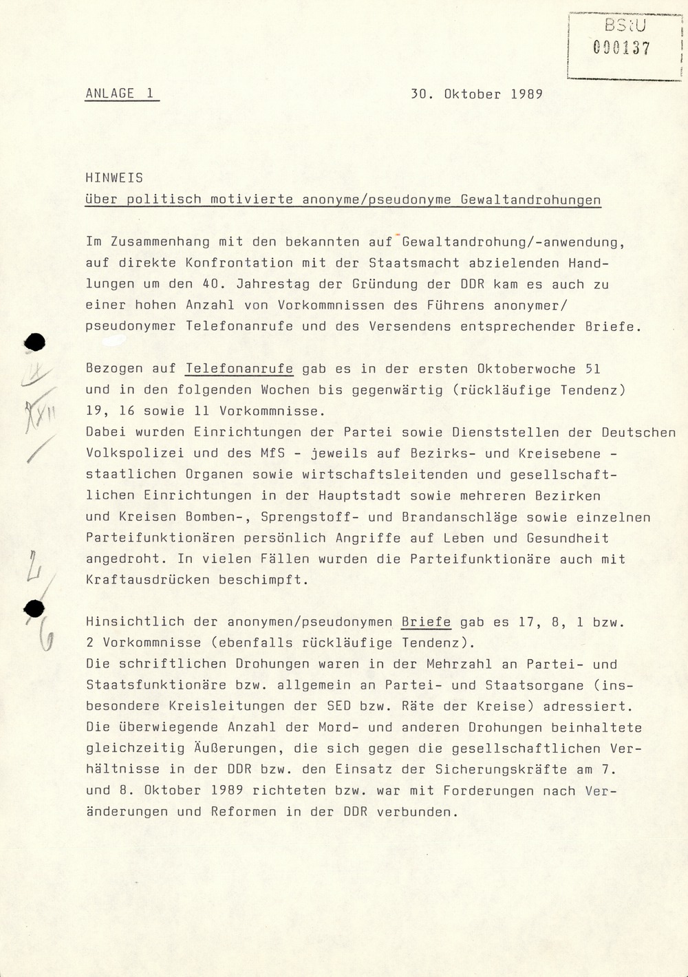 Wochenübersicht Nr. 44/89 vom 30. Oktober 1989