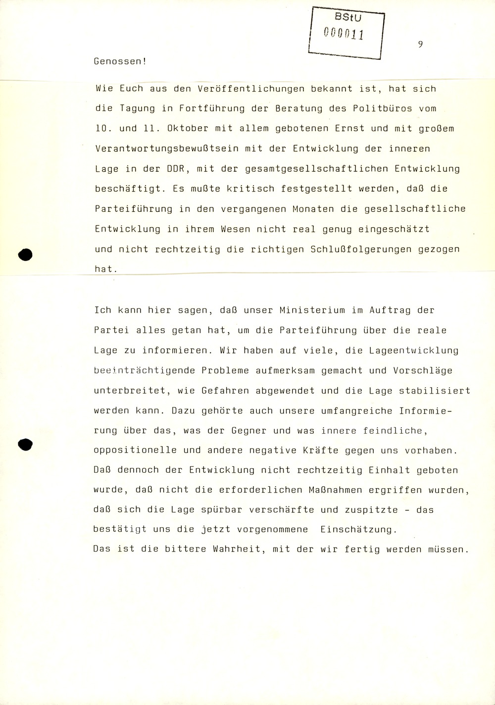 Referat Mielkes zur Auswertung der 9. Tagung des ZK der SED