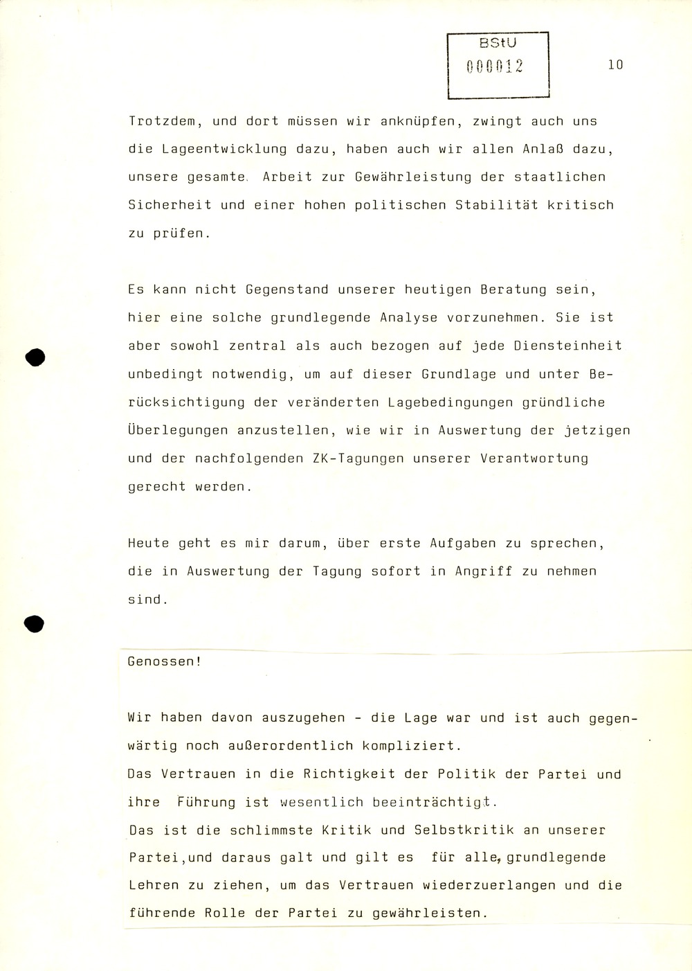 Referat Mielkes zur Auswertung der 9. Tagung des ZK der SED