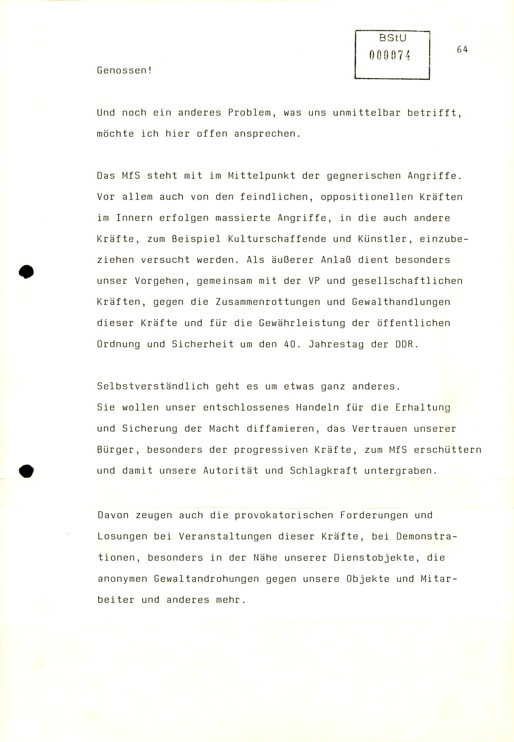 Referat Mielkes zur Auswertung der 9. Tagung des ZK der SED