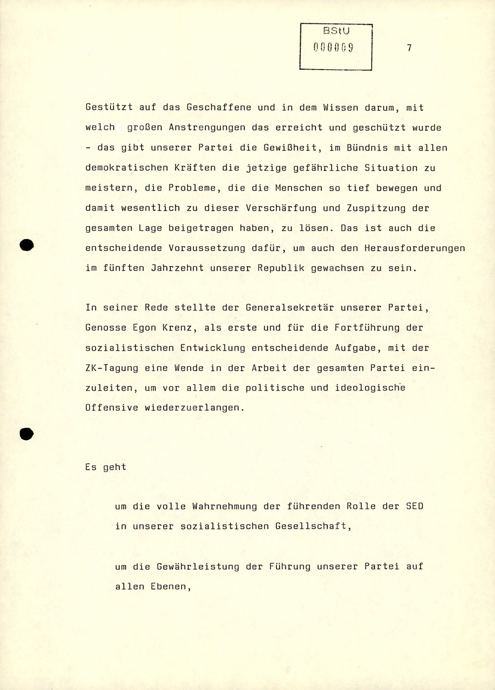 Referat Mielkes zur Auswertung der 9. Tagung des ZK der SED